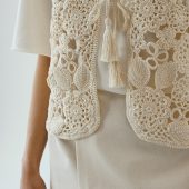 Handknit Cotton Lacy Slipover Vest: Tassel Tie Sleeveless Top