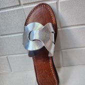 Handmade Moroccan Silver-tone Leather Sandals For Women – Hstyle Slip On Flats – Brown Sole Summer Slides – Boho Leather Slippers