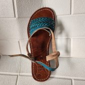 Handmade Moroccan Women’s Sandals – Turquoise Braided Leather Summer Shoes – Genuine Tan Flat Sandals, Real Leather Slides, Gift For Her