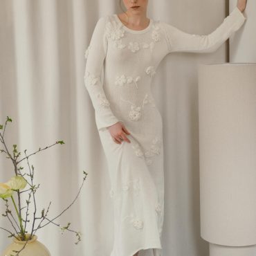 White Handmade Knitted Dress With Crochet Flowers - Long Women's Dress