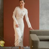 White Handmade Knitted Dress With Crochet Flowers - Long Women's Dress