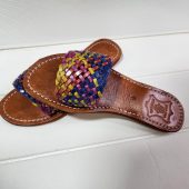 Handmade Moroccan Leather Sandals For Women – Vrai Cuir Marrakech – Colorful Woven Strap – Boho Summer Slides – Artisan Leather Shoes