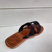 Handmade Moroccan Black Leather Sandals – Woven Double Strap Slides – Women’s Flat Summer Slippers – Boho Artisan Footwear – Open Toe Shoes