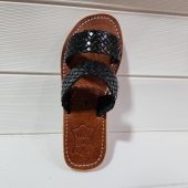 Handmade Moroccan Black Leather Sandals – Woven Double Strap Slides – Women’s Flat Summer Slippers – Boho Artisan Footwear – Open Toe Shoes